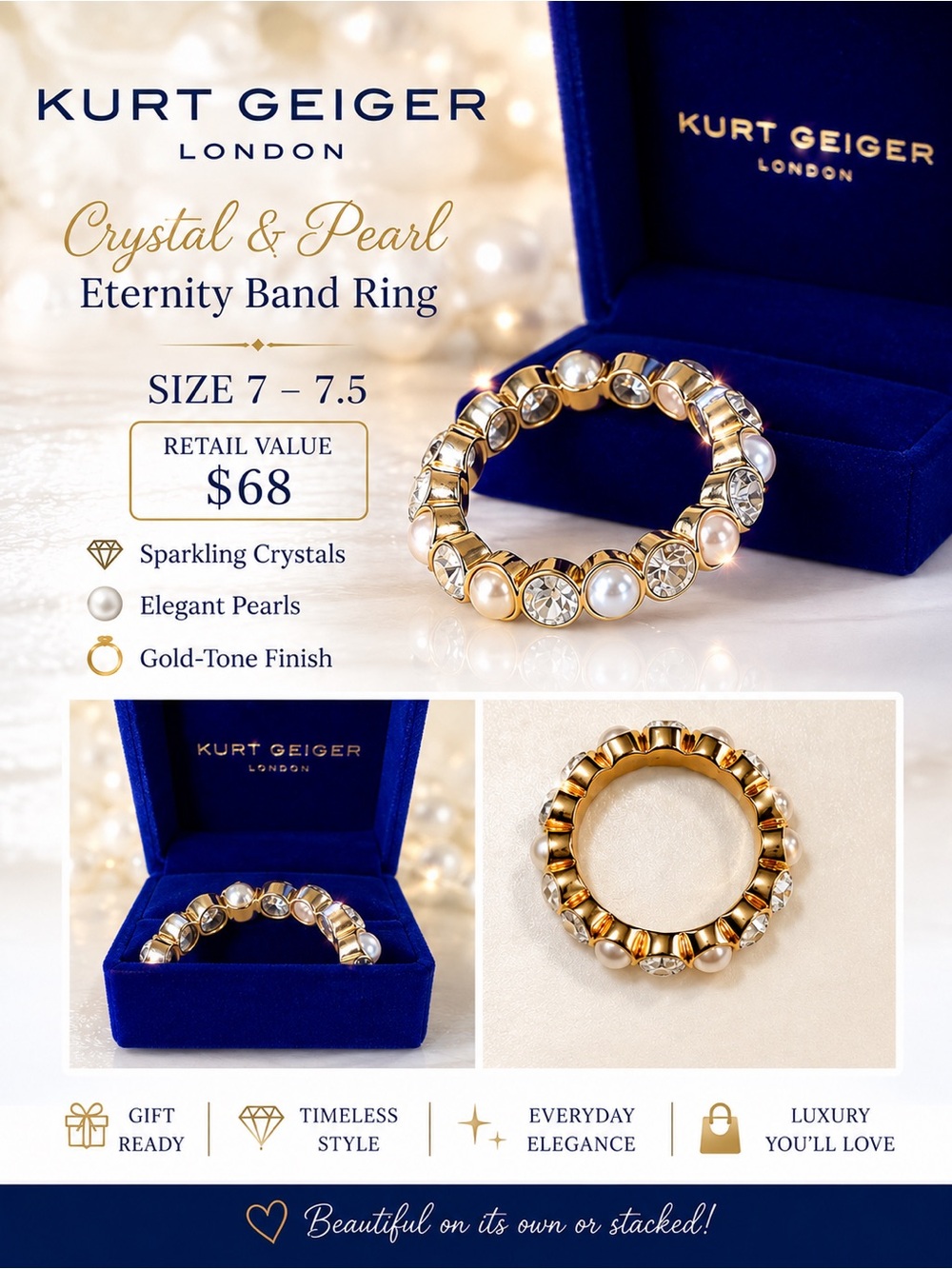 Kurt Geiger London Crystal Faux Pearl & Gold Eternity Band Ring NWT - Picture 1 of 8